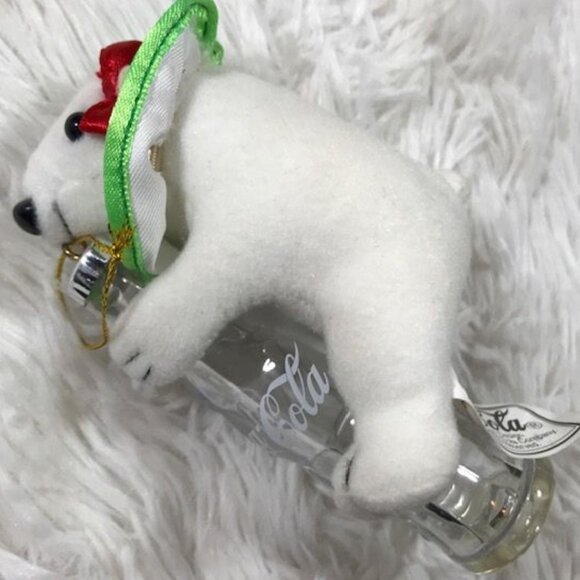NWOT Vintage Coca-Cola Stuffed Polar Bear Cub with Bottle Ornament - Picture 3 of 7